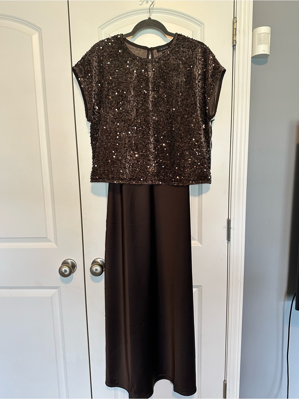 Elegant chocolate brown satin & sequin dress
